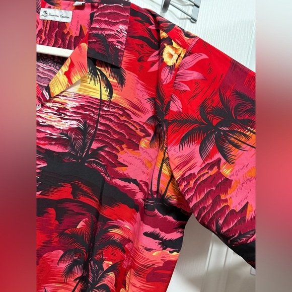 Hawaiian vacation button down Shirt mens L blouse red sunset Hawaii island beach - Picture 11 of 15